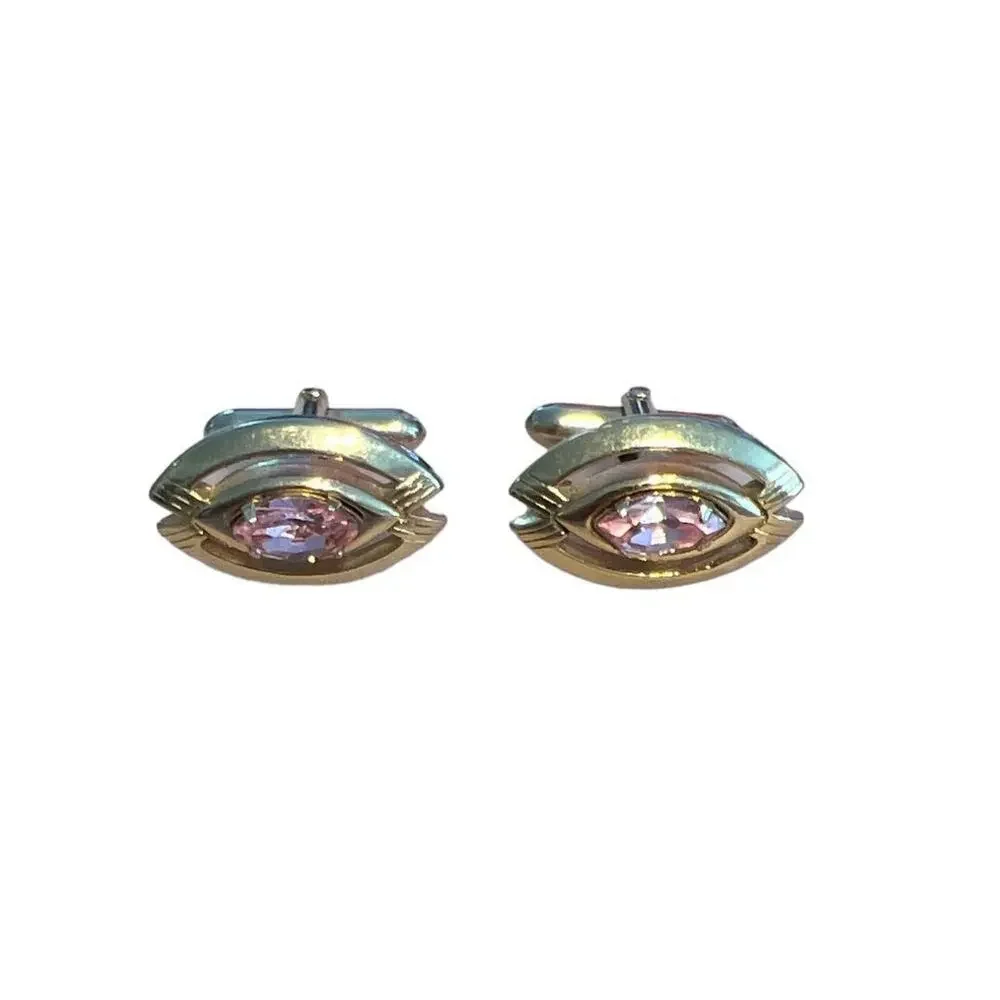 Vintage Swank Goldtone Eye Shape Pink Stone Cufflinks